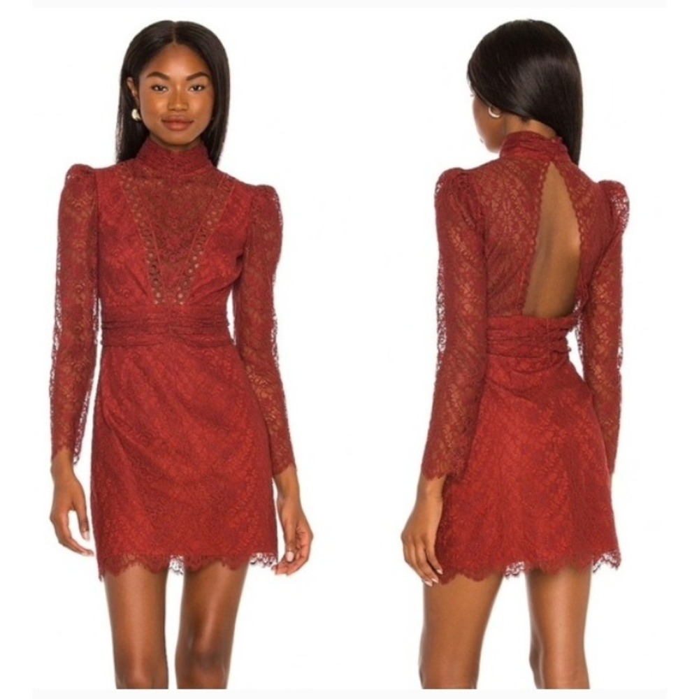 Saylor Long‎ Sleeve Celia Russet Red Lace Dress Open Back Medium Romantic